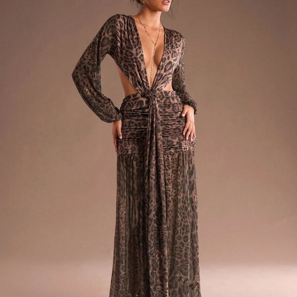 Multicolor Sexy Women's Leopard Print V Neck Backless Maxi Dress - Picture 7 of 7